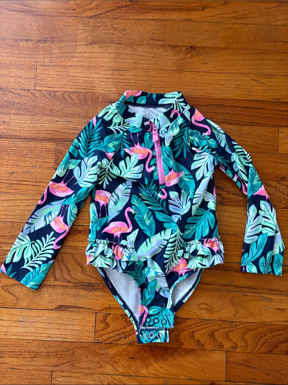 Carter's Navy Rashguard Swimsuit with Pink Flamingo & Teal Leaves